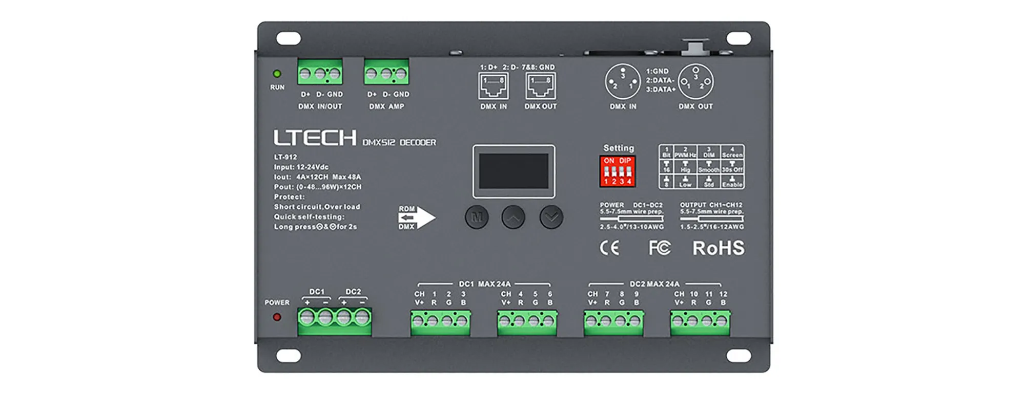 12Ch 4A CV DMX Decoder, 1152W Max.Power, XLR-3 , Green connector & RJ45 Port, Self testing, DMX512/RDM I/P signal, IP20. 912  LTECH RGB/DMX Controller